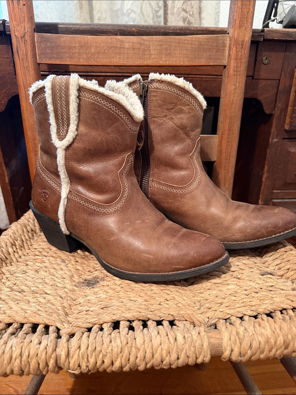 Brown Shearling-Trim Western Ankle Boots - Women